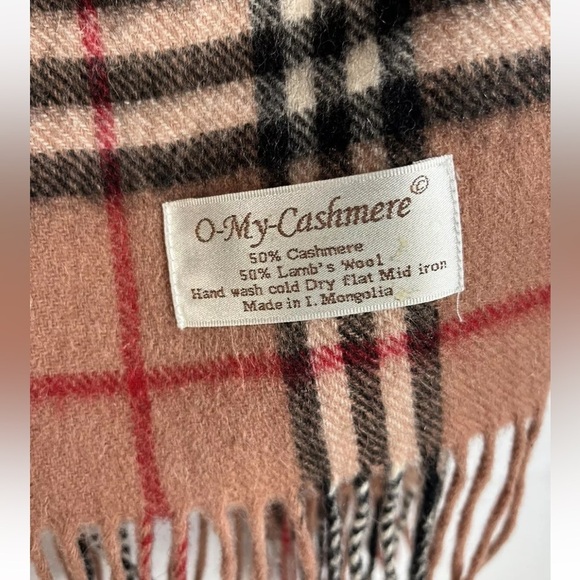 O My Cashmere Lamb Wool Cashmere Tan Black Plaid Fringe Scarf 60”x12” - Picture 5 of 7